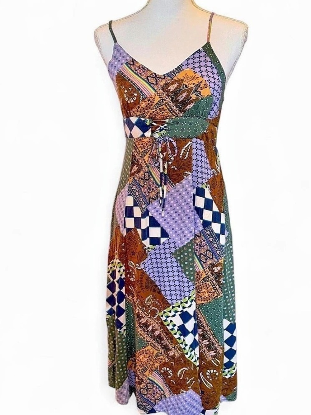 Rewind Y2K 90s Inspired Patchwork Sleeveless V-Neck Tie Front Slit Maxi Dress Si